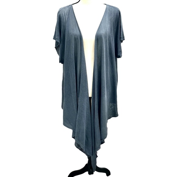 PURE DKNY STEEL BLUE LINEN SHORT SLEEVE MULTIWAY DRAPE FRONT OPEN CARDIGAN - Picture 1 of 16